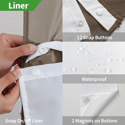 no Hook Shower Curtain and Liner Set，Boho Style with See Through Top Window, Brown Fabric Tufted Striped Textured Outer Curtain & Waterproof Inner Liner, Brown, 71Wx77H