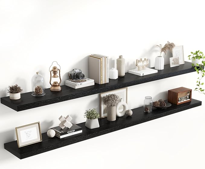 Acovy 72 Inch Floating Shelves, 8 Inch Deep Floating Shelves for Wall, Hanging Shelf with Invisible Brackets, Deep Shelves for Bathroom, Bedroom, Living Room, Black, Set of 2