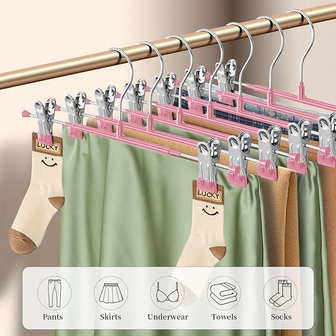 14Inch 30PACK Pants Hangers with Clips Adjustable Skirt Hangers for Women Metal Non-Slip Trousers Hanger Heavy Duty Space Saving Clothes Hanger for Shorts,Jeans,Pink