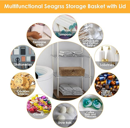 Sumnacon Seagrass Storage Basket with Lid Wicker Storage Baskets with Sections,Small Woven Shelf Basket for Toiletries Tampon, Seagrass Basket for Shelf Bathroom Toilet Table Counter,Coffee