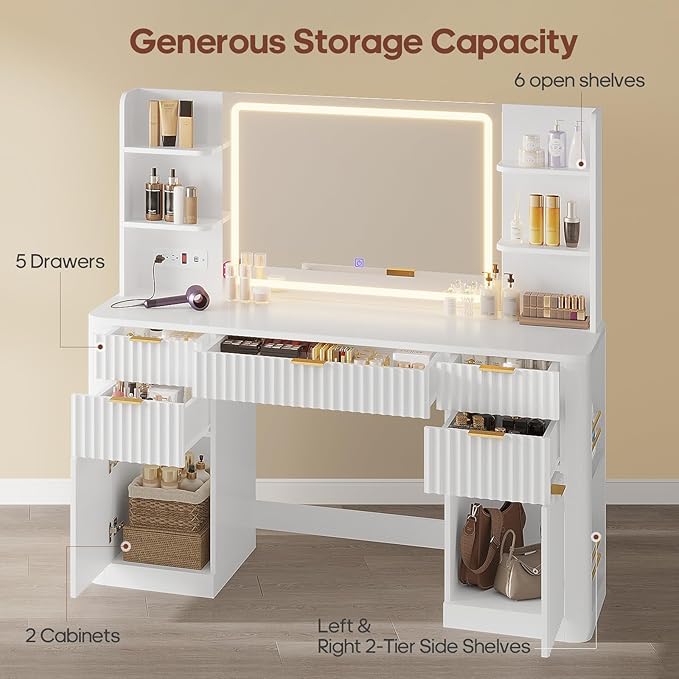 51.2" Fluted Makeup Vanity Desk with Large 30.3" Mirror and Lights, 5 Drawer Vanity with Power Strip, 6 Open Shelves, 2 Cabinet，Modern Dressing Table with Solid Wood Legs for Bedroom, White