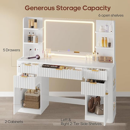 51.2" Fluted Makeup Vanity Desk with Large 30.3" Mirror and Lights, 5 Drawer Vanity with Power Strip, 6 Open Shelves, 2 Cabinet，Modern Dressing Table with Solid Wood Legs for Bedroom, White