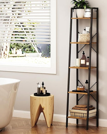Ladder Shelf, Bookshelf Bookcase, Freestanding Corner Storage Shelve with 2 Hooks for Home Office, Living Room, Kitchen, Bedroom, Industrial, 11.8" D x 13.4" W x 63" H, Rustic Brown BC03201B