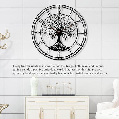 Tree of Life Wall Clock, 24Inch Metal Black Family Tree Oversized Wall Clocks for Living Room Bedroom Home Decor, Modern Silent Mid-Century Battery Operated