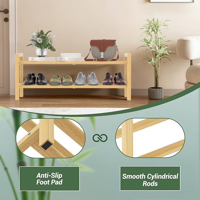 Haddockway Bamboo Shoe Rack for Closet, Free Standing Shoe Organizer with Smooth Round Rods & Convenient Handles, Stackable Shoe Storage Shelf for Entryway, Hallway(Natural, 2-Tier)
