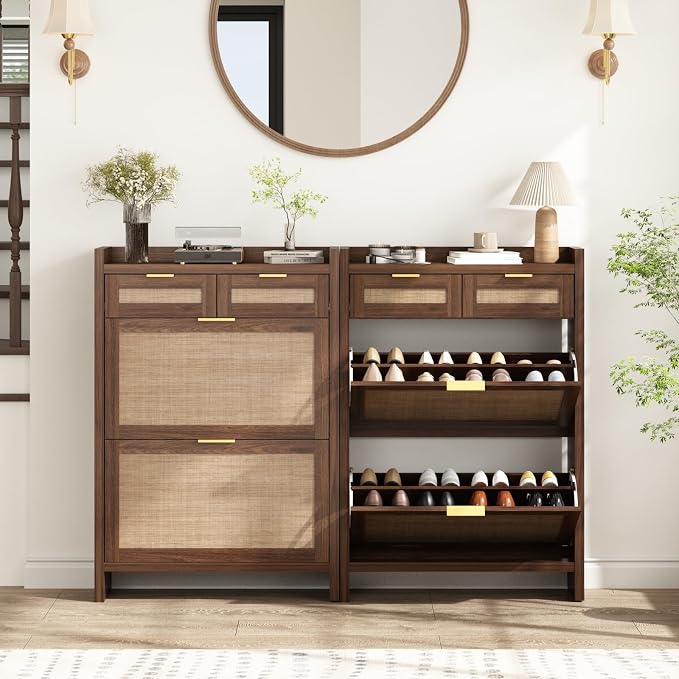 HOKYHOKY Rattan Shoe Storage Cabinet with 2 Drawers & 2 Flip Drawers – Hidden Slim Shoe Organizer for Entryway, Large Tabletop Space, Farmhouse Boho Narrow Shoe Rack, Walnut