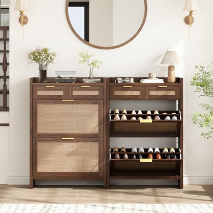 HOKYHOKY Rattan Shoe Storage Cabinet with 2 Drawers & 2 Flip Drawers – Hidden Slim Shoe Organizer for Entryway, Large Tabletop Space, Farmhouse Boho Narrow Shoe Rack, Walnut