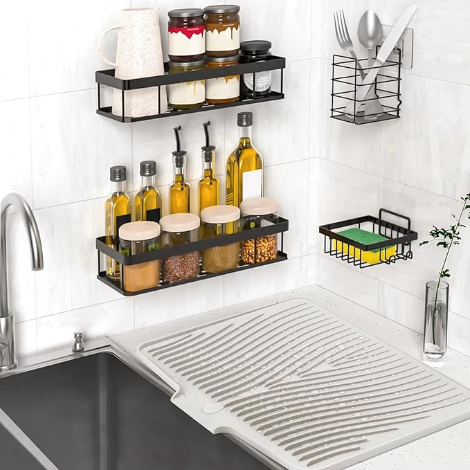TIKNIK Silicone Dish Drying Mat for Kitchen Counter, Dish Drying Pad, Non-Slip Drain Pad with Built-in Drain, Heat Resistant Stone Drying Mat(16" x 12", Cream)