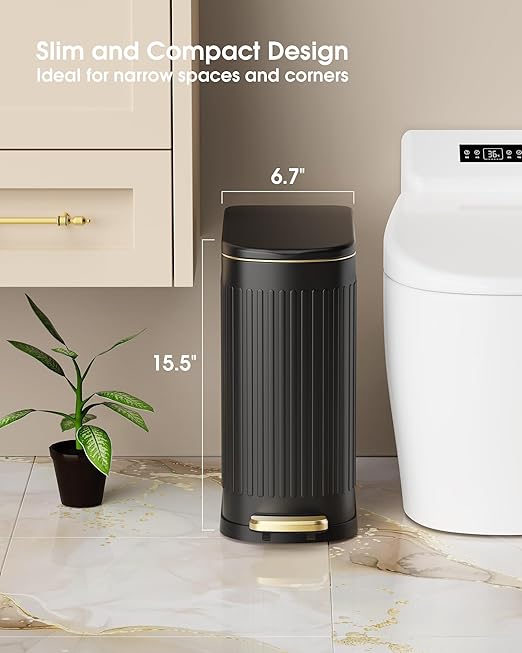 CEROELDA Black Bathroom Trash Can with Lid-10L/2.6 Gallon Stainless Steel Step Slim Garbage Can-Rectangle Pedal Trash Bin for Narrow Office, Kitchen, Bedroom, Toilet-Soft Close