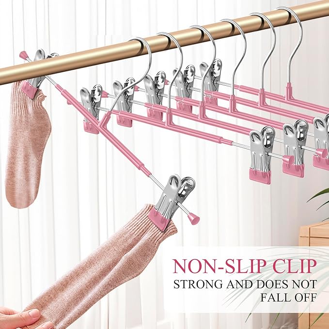 Pants Hangers with Clips 10 Pack Adjustable Skirt Hangers for Women Non-Slip Trousers Hanger for Jeans Clothes Hangers for Pants Heavy Duty Space Saving Shorts Hangers,Pink,14Inch