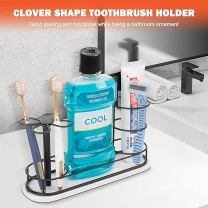 Toothbrush Holder Stand for Bathroom, Metal Toothbrush Organizer with Marble Base, Toothbrush Storage Collection for Family, Suitable for Home Hotel Countertop Vanity (Large, Matte Black)