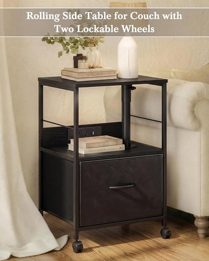Faesun Swivel Lift Top Nightstand with Charging Station, Rolling Side Table for Recliner, Bedside Table with Wheels & a Fabric Drawer, for Small Spaces, for Bedroom, Living Room, Black