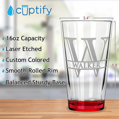 Personalized Beer Glass Engraved Red 16oz Pint Glass, Custom Gift for Men & Women with 13 Design Options, Perfect for Birthdays, Weddings, Father’s Day & More