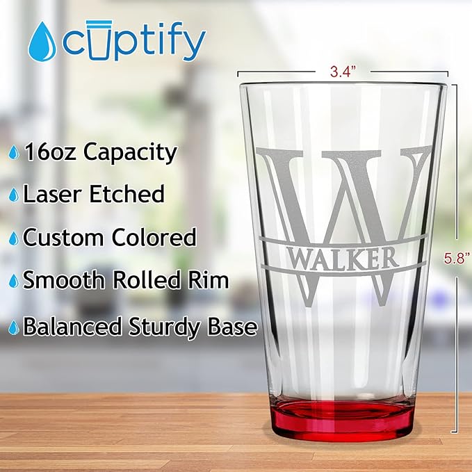 Personalized Beer Glasses Set of 2 Engraved Red 16oz Pint Glasses for Men & Women, Custom Drinking Gift for Birthdays, Weddings, Father’s Day & More