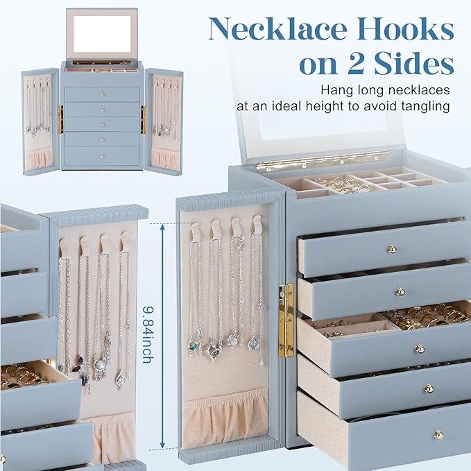 Dajasan Large Jewelry Organizer Box with Mirror, Jewelry Storage Organizer with 5 Drawers, 6-Tier Jewelry Gift Box for Women, Girls, Friends, Wife or Mother, Gift Idea (Smoky Blue)
