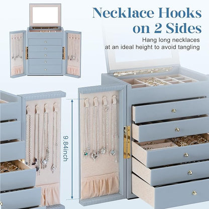 Dajasan Large Jewelry Organizer Box with Mirror, Jewelry Storage Organizer with 5 Drawers, 6-Tier Jewelry Gift Box for Women, Girls, Friends, Wife or Mother, Gift Idea (Smoky Blue)