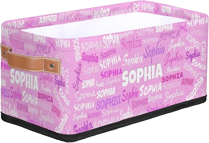 Personalized Small Storage Basket with Name, Pet Kids Toys Storage Bin with Handles for Shelf Home Closet Kitchen Countertop, Bright Pink Background with Colorful Names