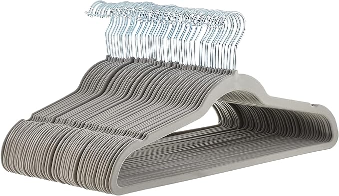 Amazon Basics Slim, Velvet, Non-Slip Suit Clothes Hangers, Gray/Silver - Pack of 50