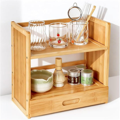AIEVE Matcha Station Organizer, 2-Tier Bamboo Shelf with Hidden Drawer, Coffee Station Organizer Mug Holder Shelf for Matcha Whisk Set Bowl Cup Scoop Sifter