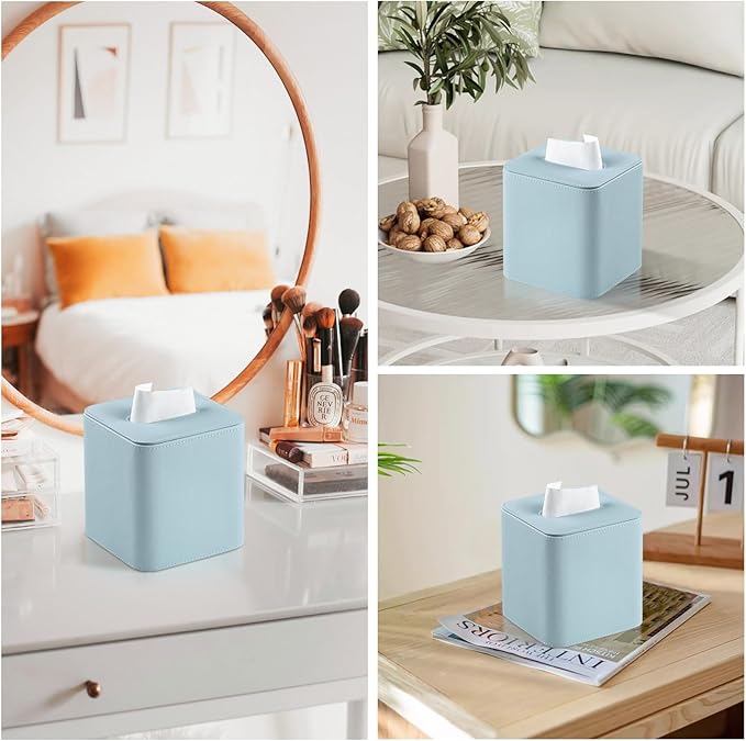 MEIBOOCH PU Leather Tissue Box Cover with Magnetic Closure, Square Tissue Box Holder with Rounded Edges Design (Blue, Square)