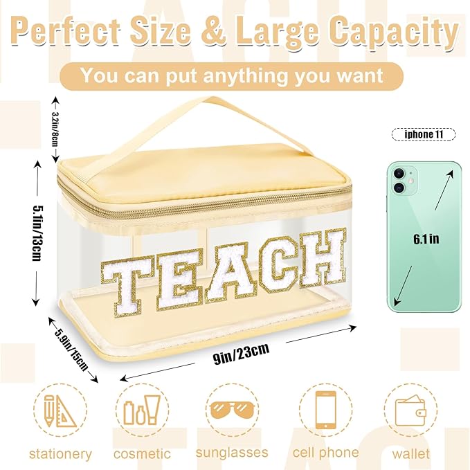 Teacher Appreciation Gifts Chenille Letter Clear Makeup Bag TEACH Pouch, Preppy Patch Makeup Bag Zipper with Handle Nylon Travel Cosmetic Bag Graduation Retirement Teacher Gifts for Women(TEACH-Beige)