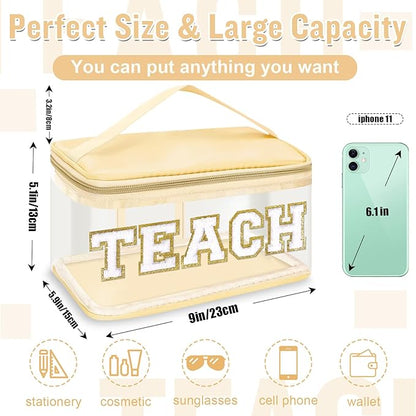 Teacher Appreciation Gifts Chenille Letter Clear Makeup Bag TEACH Pouch, Preppy Patch Makeup Bag Zipper with Handle Nylon Travel Cosmetic Bag Graduation Retirement Teacher Gifts for Women(TEACH-Beige)