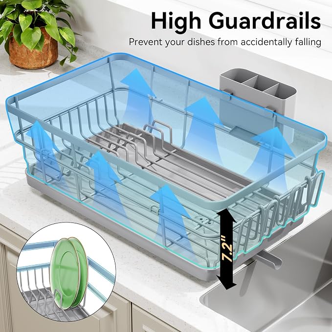 TOOLF Dish Drying Rack, Dish Racks for Kitchen Counter, Stainless Steel Sink Organization and Storage Essentials with Cutlery Holder, Dish Drainer, Home and Apartment Decor, 12.4''W x 16.5''L, Gray