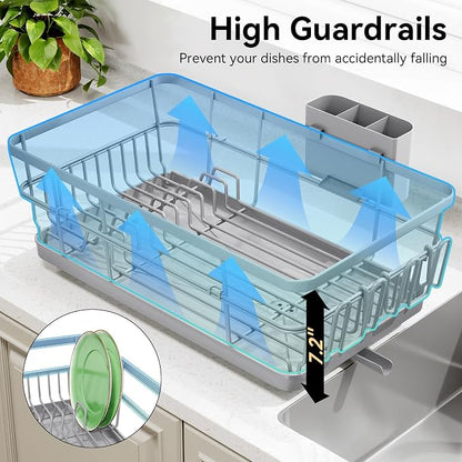 TOOLF Dish Drying Rack, Dish Racks for Kitchen Counter, Stainless Steel Sink Organization and Storage Essentials with Cutlery Holder, Dish Drainer, Home and Apartment Decor, 12.4''W x 16.5''L, Gray