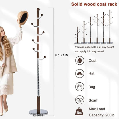 Coat Racks Freestanding, Natural Wood Coat Stands with 6 Hooks, 68" Heavy Duty Adjustable Height Vintage Hall Tree for Entryway, Bedroom, Office, Easy Assembly (Walnut Metal Hook)