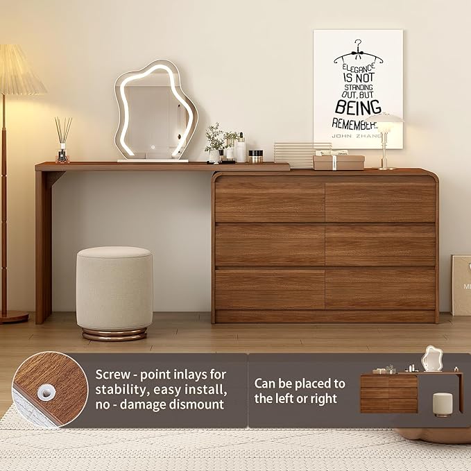 Makeup Vanity Desk with Mirror and Lights, 50-90inch Extendable Mid Century Walnut Makeup Dresser Combo with 47 Inch 6 Drawer Dresser and L Shaped Vanity Desk, Without Stool, Brown