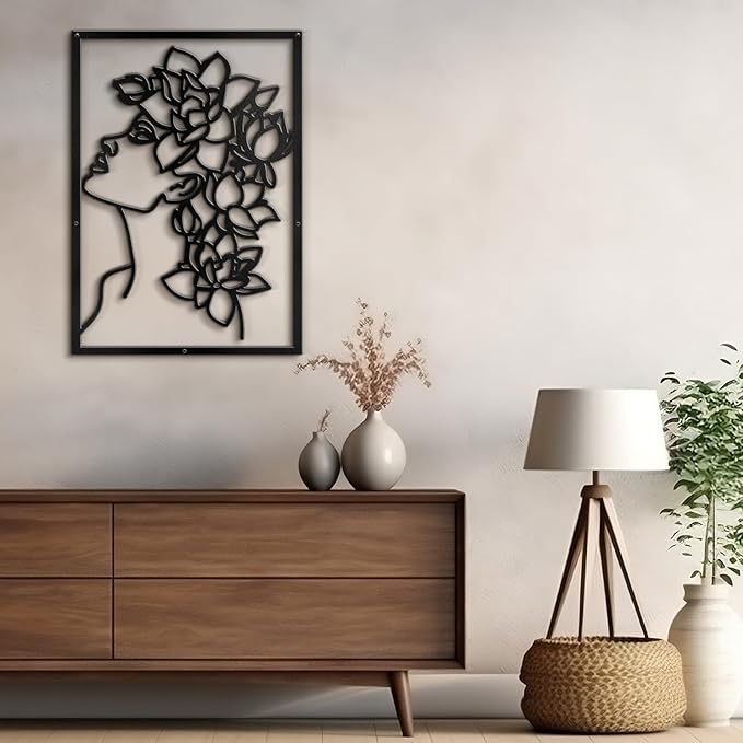 SIGNLEADER Metal Wall Art Decor Flowers Head Woman Modern Abstract Wall Sculpture Hangings Home Decoration for Living Room, Bedroom, Bathroom, Kitchen, Outdoor - 24" Black