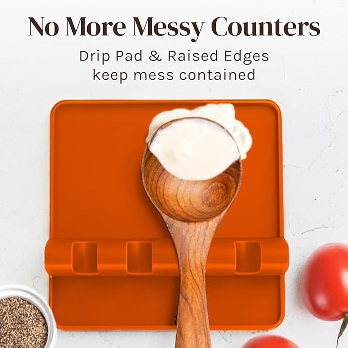 Orange Silicone Spoon Rest for Stove Top with Drip Pad (Two Pack) - Heat Resistant BPA Free Utensil Rest & Spoon Holder for Kitchen Counter - Grill Utensil Chopstick Holder - Spatula Holder