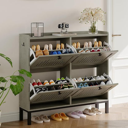 Garvee 4 Flip Drawer Shoe Cabinet with Adjustable Shelves, Hidden Shoe Organizer with Large Capacity, Freestanding Wooden Shoe Rack for Entryway, Hallway, Living Room, Washed Gray