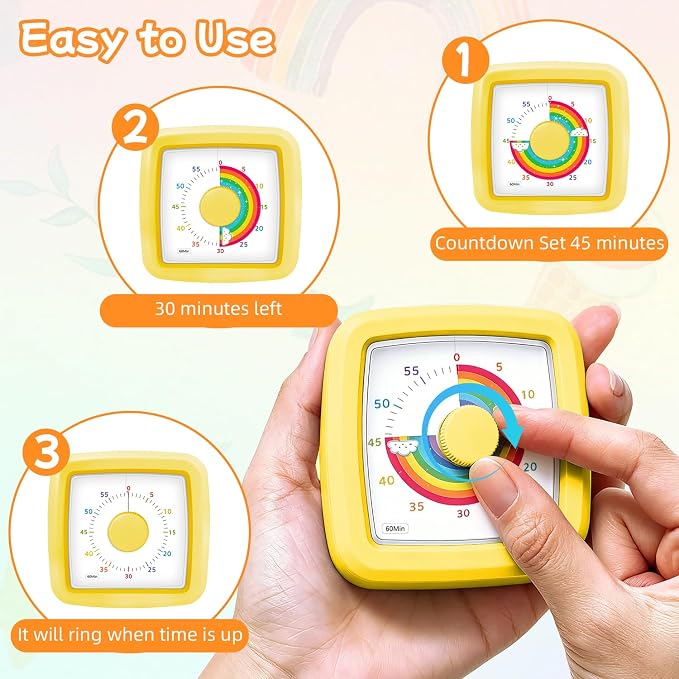 60-Minute Visual Timer for Kids, Silent Countdown Kids Visual Timer with Rainbow Design, Plastic Time Management Tool Timers for Classroom Toddler Homework Kitchen, Focus Tools for Kid,Yellow