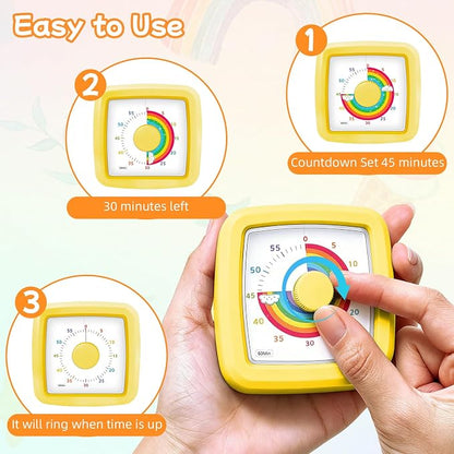 60-Minute Visual Timer for Kids, Silent Countdown Kids Visual Timer with Rainbow Design, Plastic Time Management Tool Timers for Classroom Toddler Homework Kitchen, Focus Tools for Kid,Yellow