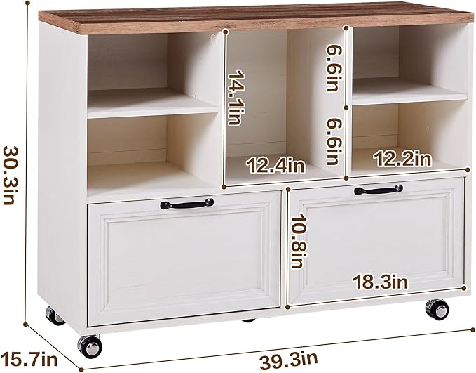 40" Farmhouse File Cabinet,Lateral File Cabinet with Wheels,Wood File Cabinet with shelve,Filing Cabinet with 2 Drawers for Legal/Letter/ A4 Size (White)