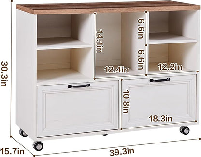 40" Farmhouse File Cabinet,Lateral File Cabinet with Wheels,Wood File Cabinet with shelve,Filing Cabinet with 2 Drawers for Legal/Letter/ A4 Size (White)