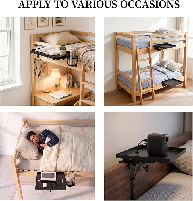 Foldable Bedside Shelf for Dorm Bunk Bed,Heavy Duty Metal Clip-On Bed Table Tray College Dorm Room Essentials,Bed Side Caddy Nightstand Alternative Organizer with Hooks&Removable Cup Holder Black