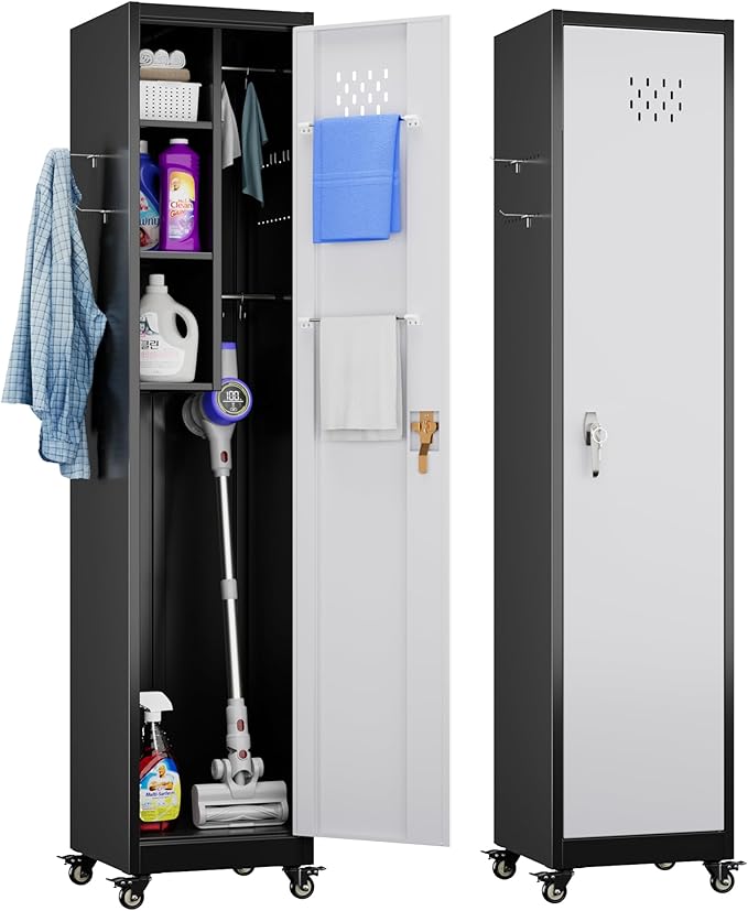 72" H Broom Closet Storage Cabinet, Metal Garage Storage Cabinet with Wheels, Pegboard, Locking Door and Hooks for Garage, Home, Utility Cleaning Cabinet for Broom and Mops, Black and White