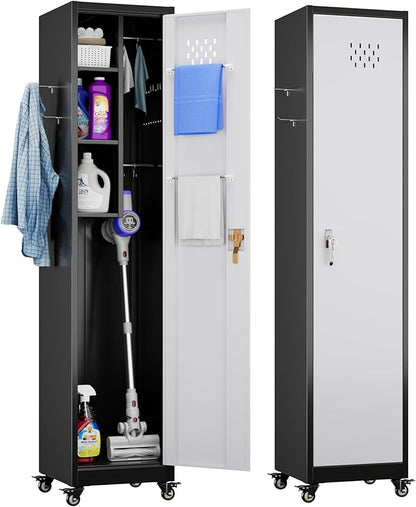 72" H Broom Closet Storage Cabinet, Metal Garage Storage Cabinet with Wheels, Pegboard, Locking Door and Hooks for Garage, Home, Utility Cleaning Cabinet for Broom and Mops, Black and White