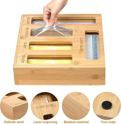 DUJEN Plastic Bag Organizer for Drawer, Bamboo Food Storage Bags Container Organizer with Slider, Baggie Bags Storage for Drawer Compatible with Gallon, Sandwich Variety Size Bags