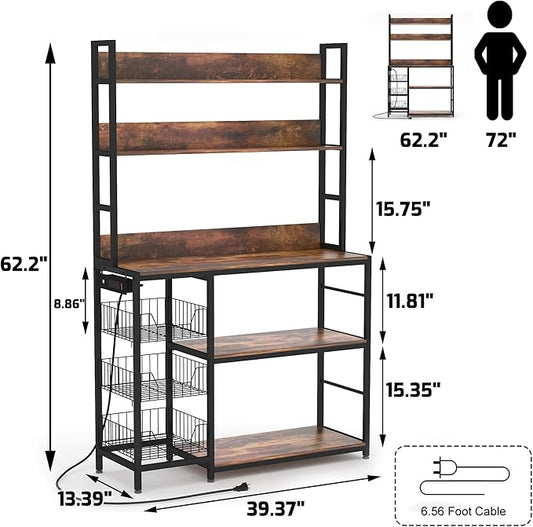 Chnnmbrn Bakers Rack with Baskets and Power Outlet, 5-Tier Kitchen Utility Storage Shelf with Hooks, Microwave Oven Stand Rack, Vintage Brown Free Standing Kitchen Shelf