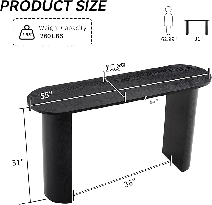 55 Inch Console Table, Modern Entryway Table with Rounded Corners, Narrow Sofa Table Behind Couch for Foyer, Hallway, Living Room,Black