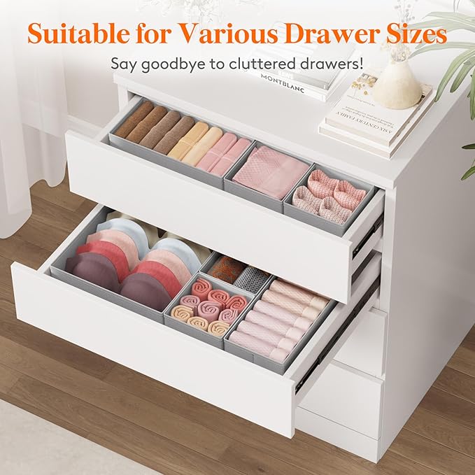 Lifewit Drawer Organizer Clothes for Closet 32 Pack, 3 Sizes Underwear Wardrobe Drawer Dividers, Fabric Foldable Dresser Storage Organizer Bins for Sock/Bra/Lingerie/Undies, Light Gray