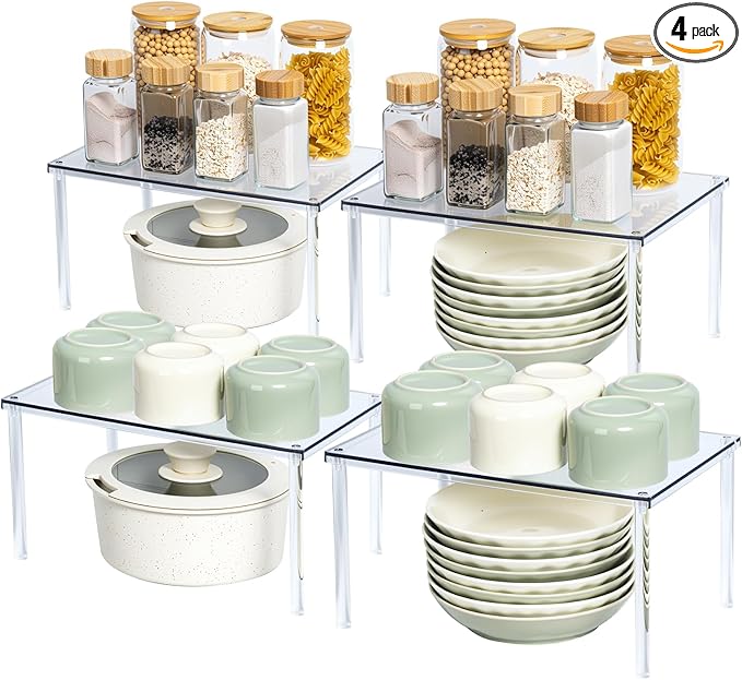 Bobomoment Acrylic Cabinet Organizer, Set of 4 Spice Rack Organizer for Cabinet, Desk Countertop Shelf Organizer, Pantry Kitchen Storage and Organization, Stackable Shelves House Essentials for Gift