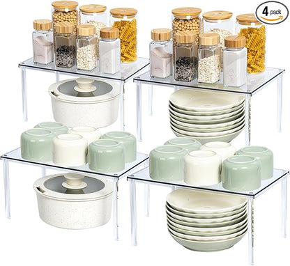 Bobomoment Acrylic Cabinet Organizer, Set of 4 Spice Rack Organizer for Cabinet, Desk Countertop Shelf Organizer, Pantry Kitchen Storage and Organization, Stackable Shelves House Essentials for Gift