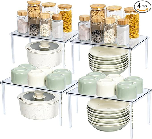 Bobomoment Acrylic Cabinet Organizer, Set of 4 Spice Rack Organizer for Cabinet, Desk Countertop Shelf Organizer, Pantry Kitchen Storage and Organization, Stackable Shelves House Essentials for Gift