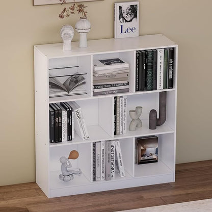 8-Cube Wooden Bookshelf with Base,3-Tier Freestanding Open Storage Organizer,Multi-Functional Bookcase for Living Room,Bedroom,Study and Office (White, 8-Cube)