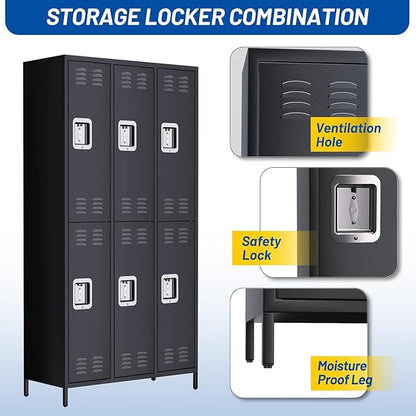 Metal Storage Locker with 6 Doors, Metal Locker for Employees with 18 Hooks for Garage School Office Gym Home, Assembly Required, Black