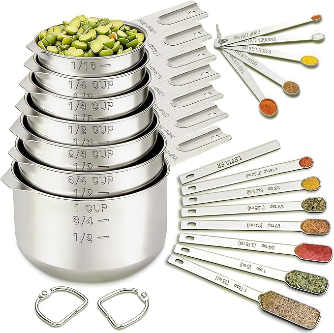 EWFEN Measuring Cups and Spoons Set, 7 Stainless Steel Nesting Measuring Cups & 7 Spoons, 5 Mini Measuring Spoons &1 Leveler, Kitchen Gadgets for Cooking & Baking, Square